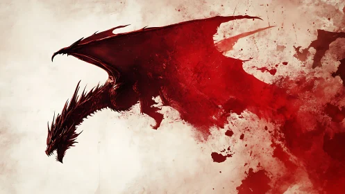 Dragon silhouette intersects red abstract splatter field