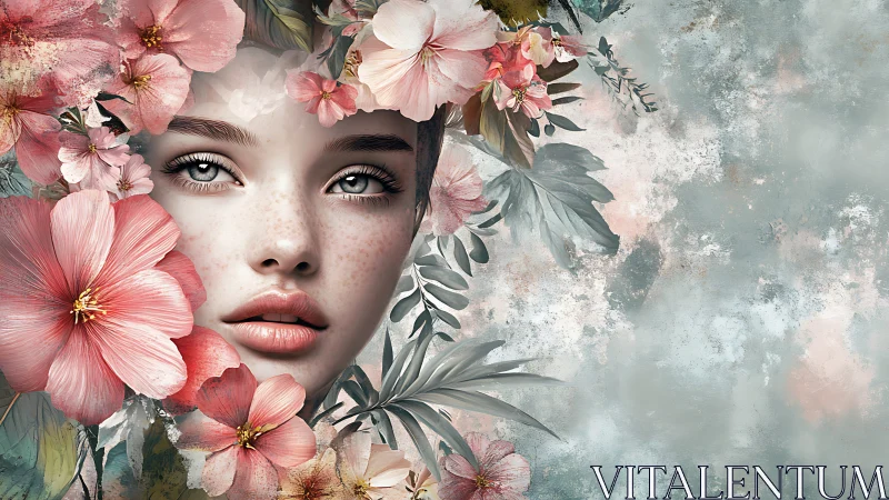 Female face merged with botanical elements in soft palette.