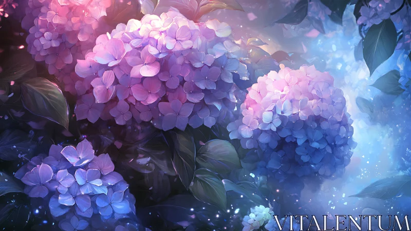Ethereal Hydrangeas Glowing in Luminescent Blue and Pink.