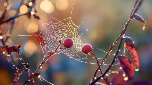 Dewlit spiderweb encircles ripe berries in warm bokeh glow.