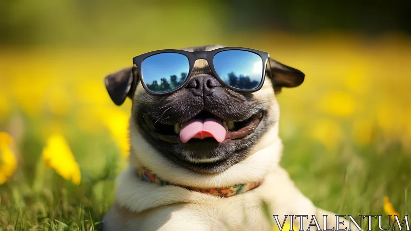 Sunny day pug in cool sunglasses enjoying golden fields.