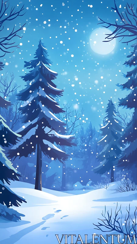 Winter Forest Night Scene with Snowfall.