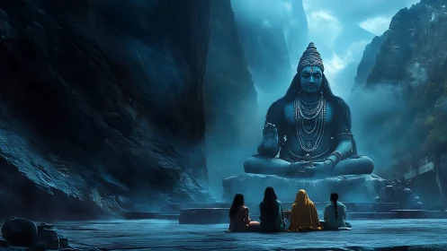 Massive blue mountain statue with seated worshippers below