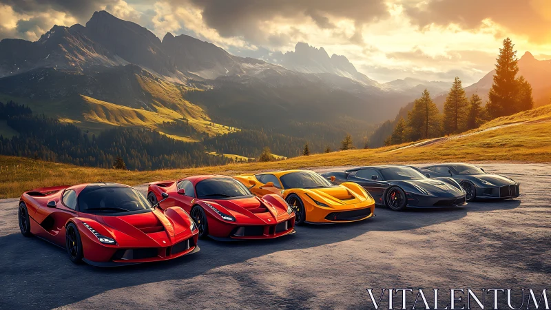 Hypercar lineup against sunlit alpine ridgeline at golden hour.