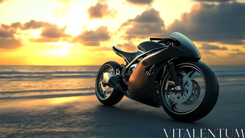 Futuristic black motorcycle on reflective beach at sunset.
