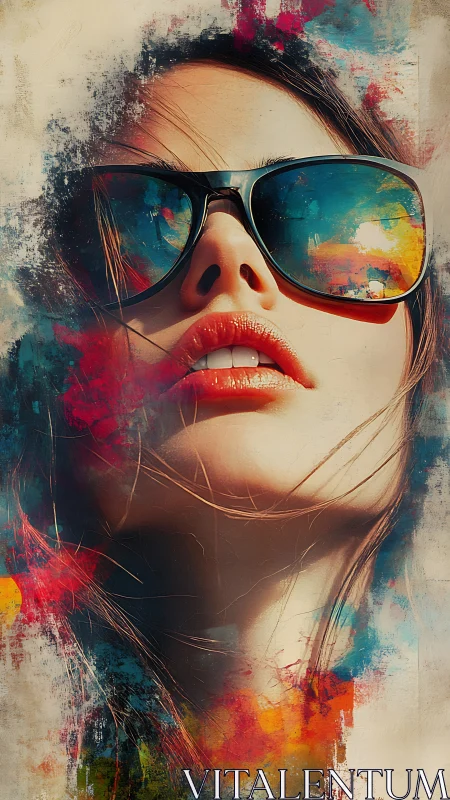 Close portrait shows reflective sunglasses and abstract color overlays