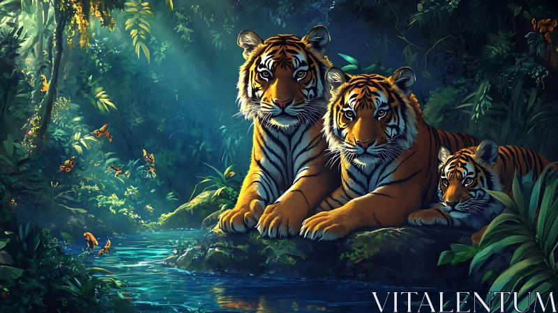 Tiger Dynasty at the Jungle Stream: Three Majestic Striped Guardians