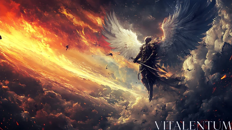 Armored seraph descends through burning storm clouds