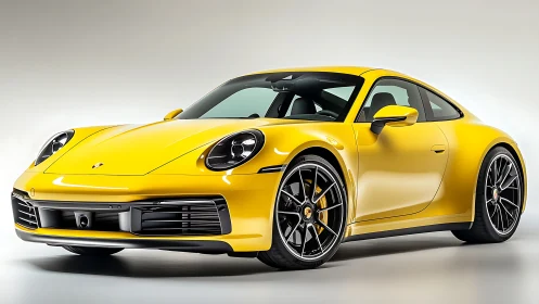 Sunlit yellow sports coupe poised like a coiled highway comet.