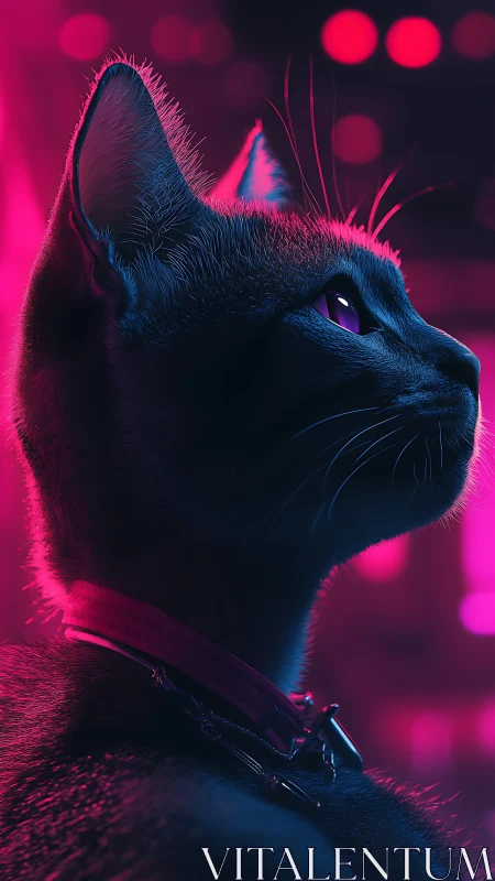 Neon city cat gazes upward in glowing magenta light