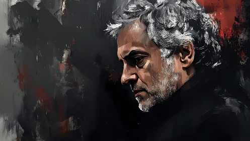 Profile portrait of older man in dark textured setting.