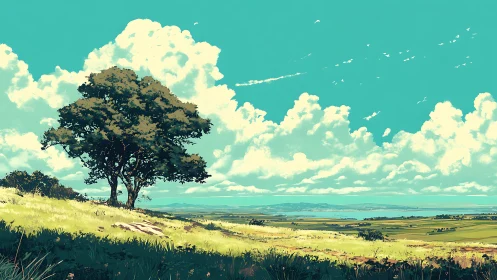 Summer hillside tree overlooking expansive coastal plains.