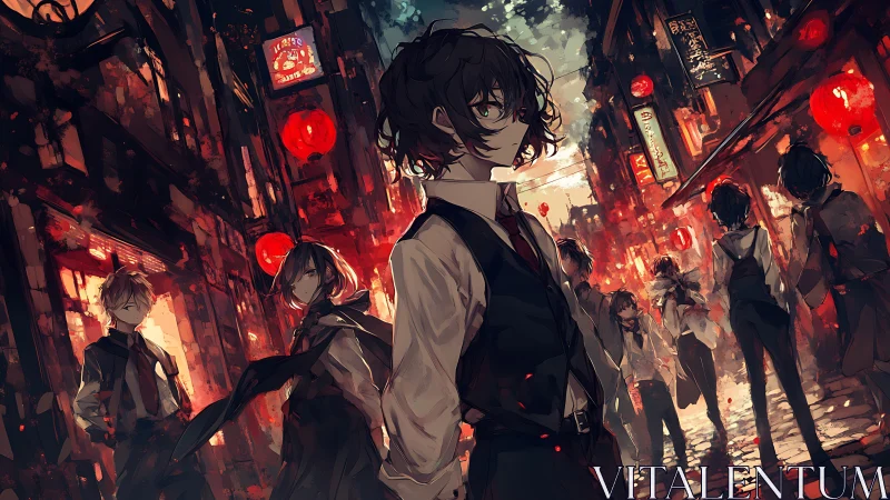 Lantern-lit alley of restless youths in crimson twilight.