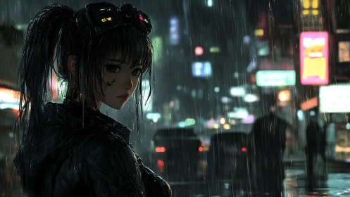 Cyberpunk girl studies neon city street under heavy rain
