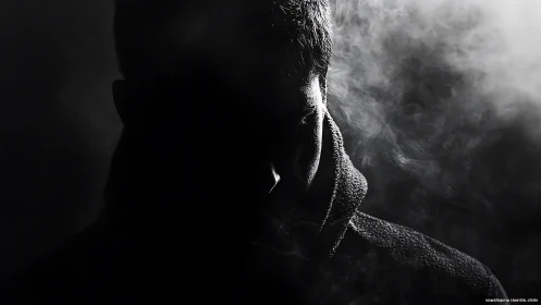 Shadowed male silhouette emerging through swirling smoke.