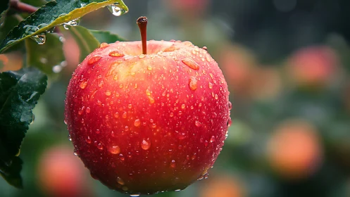 Red apple with water droplets hanging on tree branch.