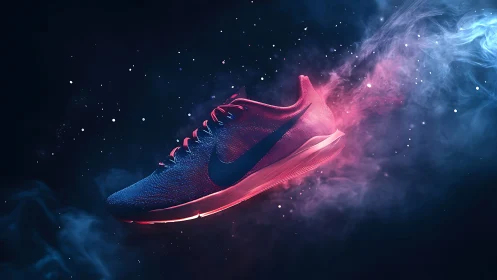 Floating athletic shoe with neon lighting and vapor trail.