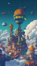 Futuristic sky city with towers and airships above clouds.