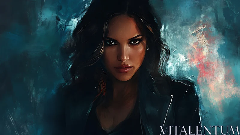 Moody digital portrait of intense woman in teal light