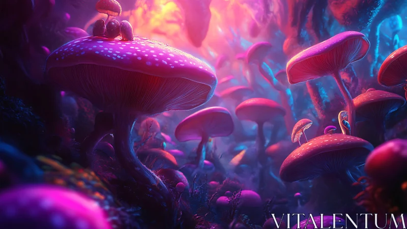 Glowing pink mushroom forest bathed in soft magical light.