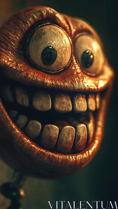 Grinning creature leans close with wide, unsettling smile