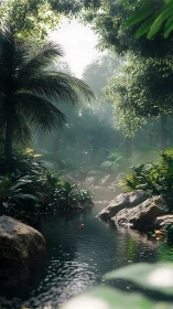 Sunlit rainforest stream winds through mossed boulders.