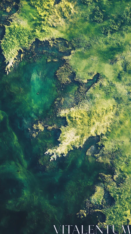 Aerial view of coastal shallows with algae and rocky patches.