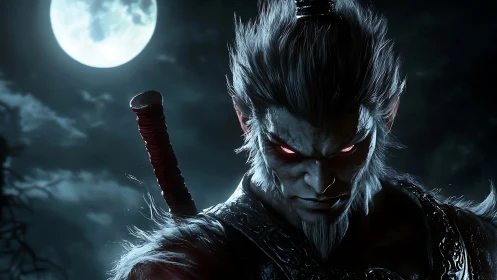 Cinematic 3D demon warrior portrait under high moonlight.