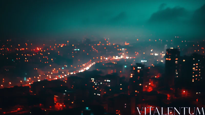 Moody aerial view of blurred city lights at night.