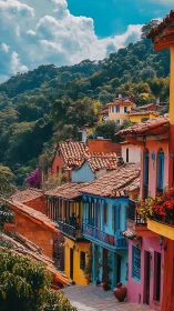 Color-drenched hillside street hums softly beneath lush mountains