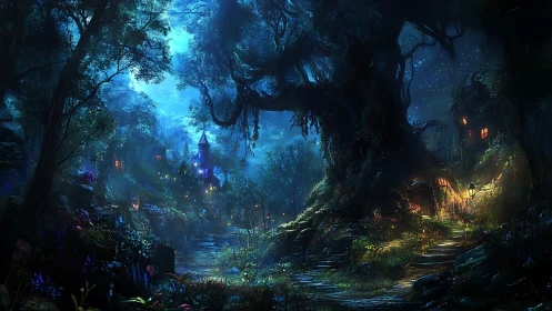 Enchanted forest castle illuminated beneath ancient trees.