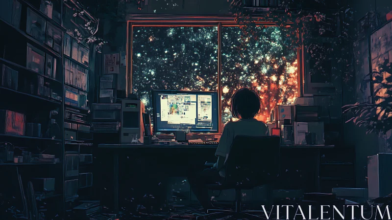 Person at computer desk facing luminous outer space window.
