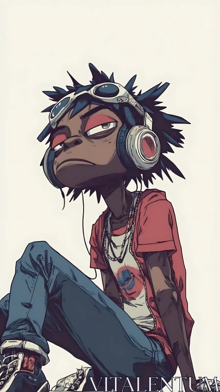 Stylized slouching teen with headphones and goggles.