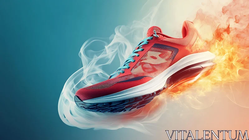 Dynamic running shoe rendered with fire and smoke effects