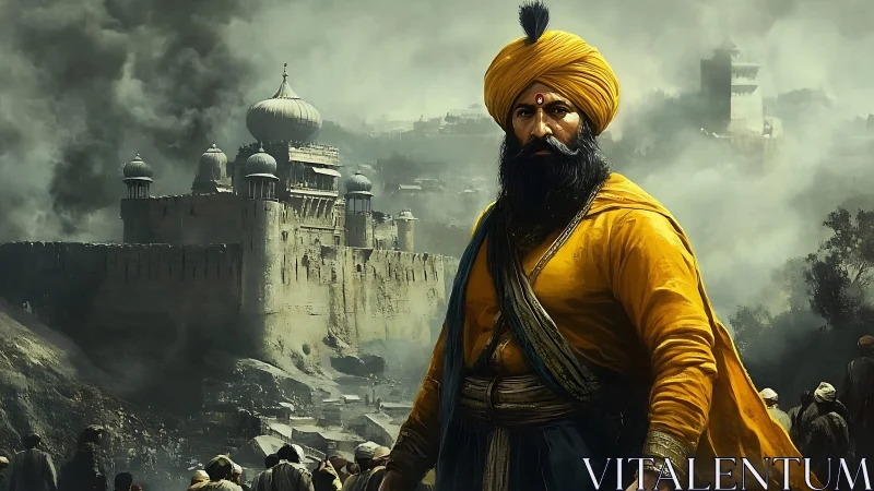 Turbaned warrior stands before smoky fortified palace walls