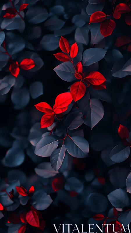 Scarlet leaves contrast against deep blue foliage at night