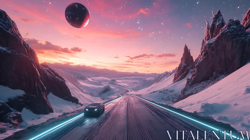 Futuristic highway across snowy valley under distant planet.