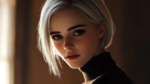 Soft rim lighting sculpts stylized portrait of short-haired woman