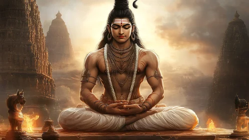 Meditating deity amid glowing temple spires and sacred fire.