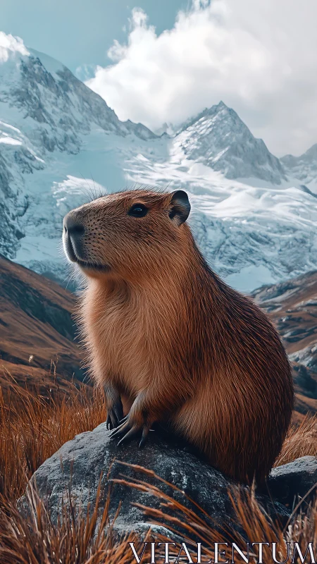 Stoic capybara sage surveying frosted mountain kingdom.