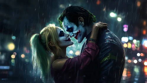 Masked Passion in Urban Rain: Clown and Harlequin's Neon Kiss.