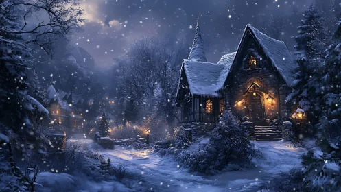 Snowy cottage at night with warm glowing windows and path.