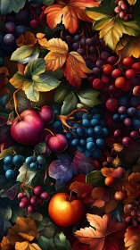 Autumnal fruit still life with saturated foliage and depth.
