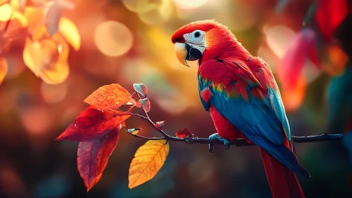 Vibrant Scarlet Macaw on Autumn Branch, Soft Bokeh Background.