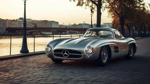 Classic silver sports coupe on riverside cobblestone promenade.