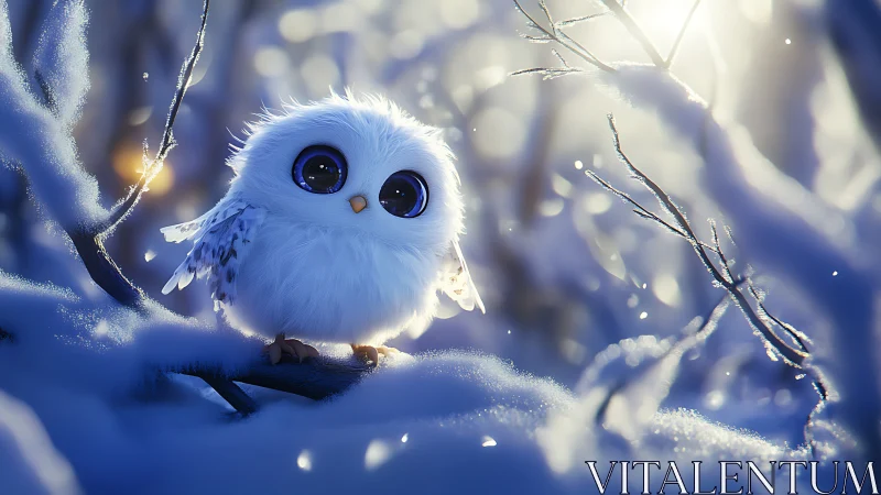 Adorable fluffy owl in snowy forest, whimsical digital art style.