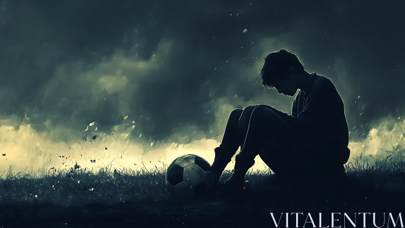 Solitary boy and soccer ball sit in a brooding twilight field.