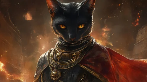 Regal black cat warlord commands burning bronze cityscape.