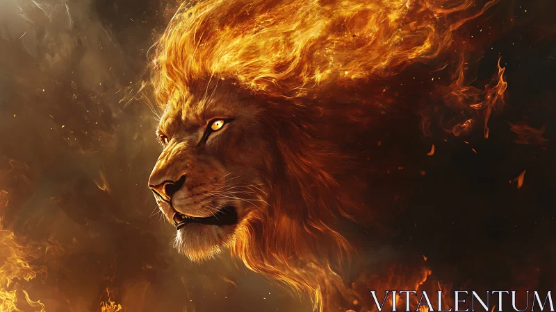 Fiery leonine profile with flame-mane against dark smoke