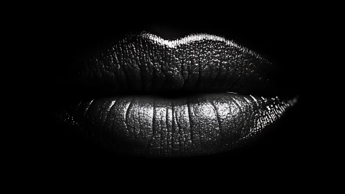Black and white close-up of glossy lips in darkness.